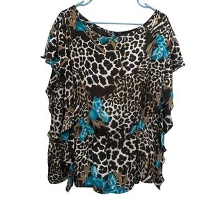 Investments II Womens 3X Leopard Floral Print Ruffle Sleeve Peplum Blouse Brown